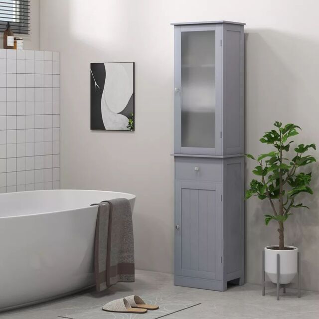 Grey Slim Bathroom Storage Cabinet with 3-tier Shelf Drawer Door by ...