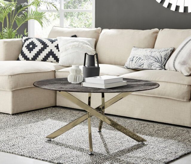 Novara Round Marble Effect Glass Top Coffee Table With Gold Metal ...