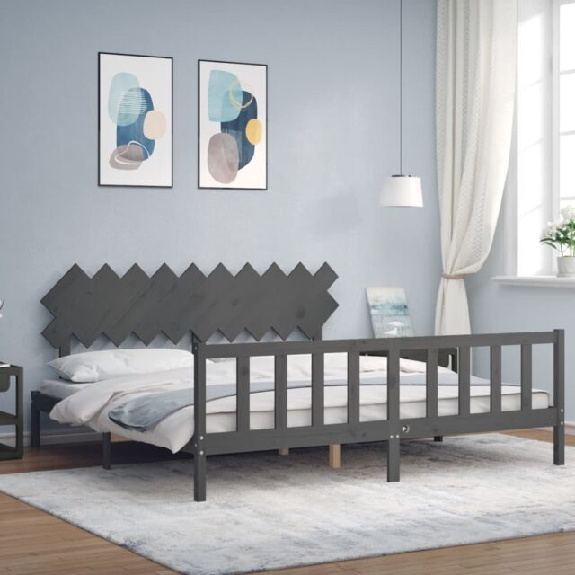 Berkfield Home Bed Frame with Headboard Grey 200x200 cm Solid Wood by ...