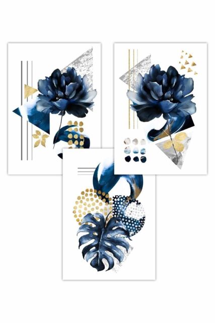 ARTZE Set of 3 Abstract Blue & Gold Botanical Art Posters in Navy ...