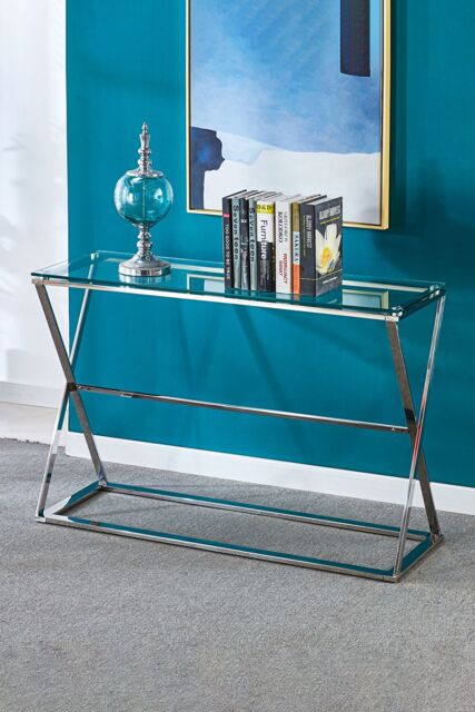 Living and Home Modern Glass Rectangular Side Table with Metal Base in ...