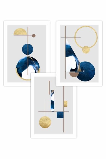 ARTZE Set of 3 Abstract Textured Geometric Art in Navy Blue & Gold Art ...