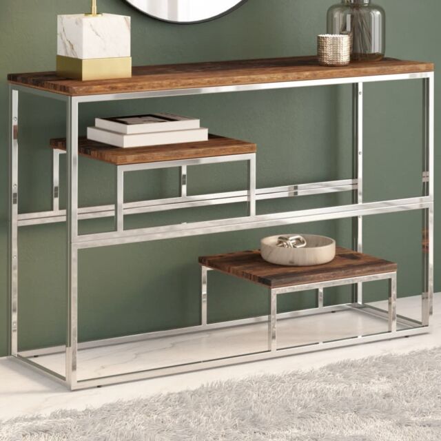 Console Table Silver Stainless Steel and Solid Sleeper Wood by Debenhams | ufurnish.com