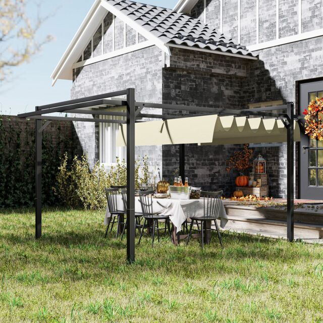 OUTSUNNY 3 x 4m Pergola with Retractable Roof & Aluminium Frame, Khaki ...