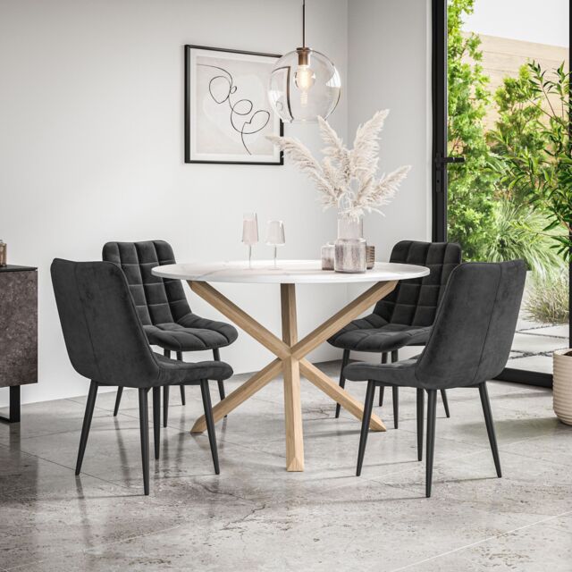 Malvern Round Dining Table And Chairs - Marble Table Top w Solid Oak ...