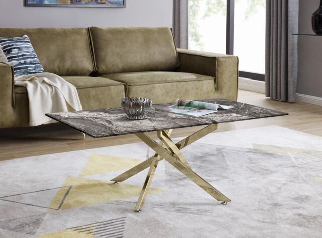 Leonardo Rectangular Marble Effect Glass Top Coffee Table With Gold Metal Starburst Legs by ...