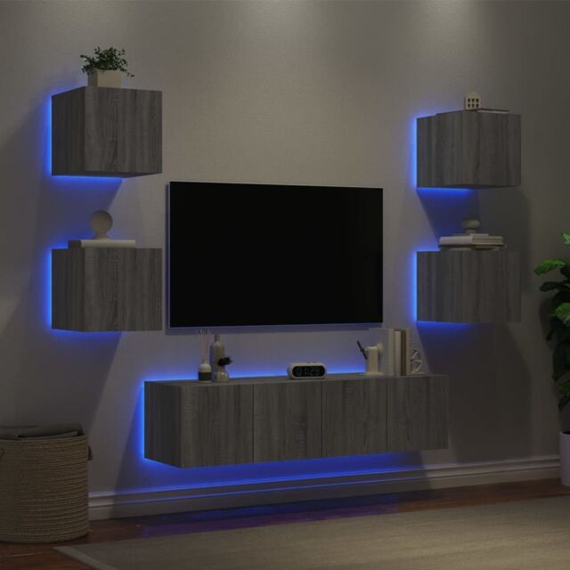 Open Wall Units Led 6 Piece TV Wall Units with LED Grey Sonoma Engineered Wood by Debenhams ...