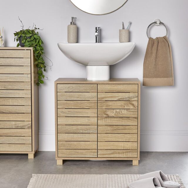 VonHaus Chester Freestanding Oak Wood Effect Under Sink Bathroom ...