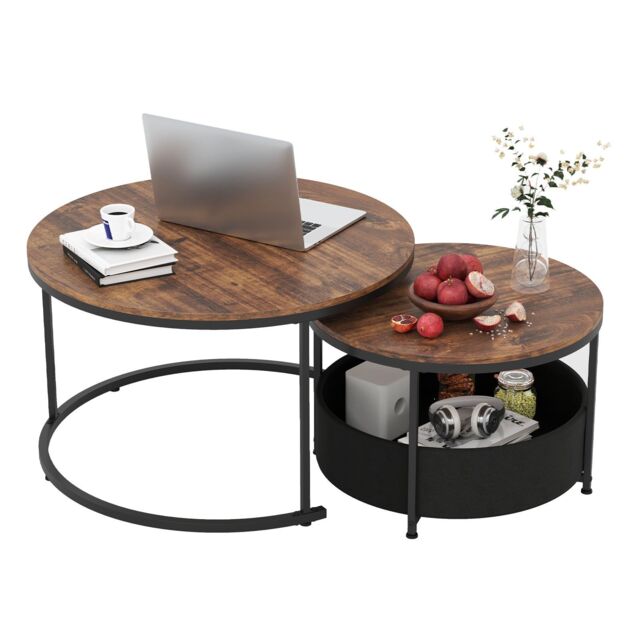 Round Coffee Table Set of 2 Cocktail Nesting Side Table With Basket by ...
