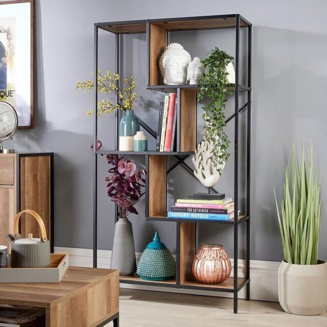 Home Source Large Open Storage Shelves Abstract Display Unit Modern Oak ...