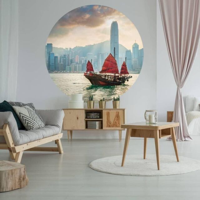 WallArt Wallpaper Circle Skyline with Junk Boat 142.5 cm by Debenhams ...