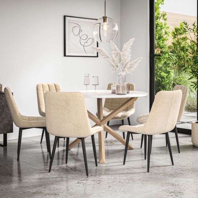 Malvern Round Dining Table And Chairs - Marble Table Top w Solid Oak ...