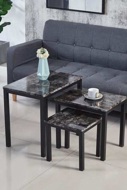 Mable Effect Mdf Modernique Gloss Finish MDF Marble Effect Top Nest of 3 Table Sets in ...