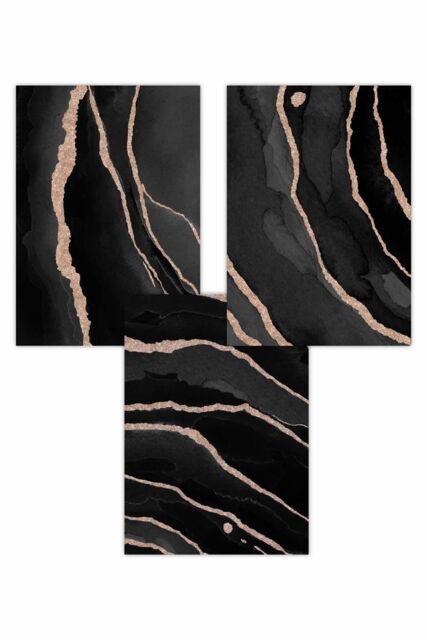 ARTZE Set of 3 Abstract Black Grey Gold Strokes Art Posters - Size: W50 ...