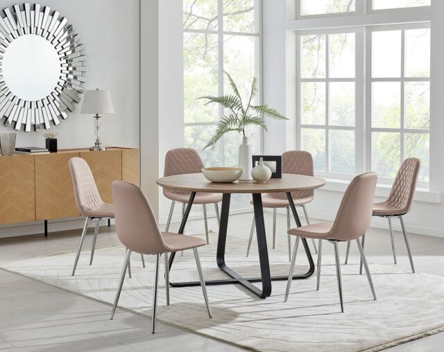 Santorini Brown Round Dining Table And 4/6 Corona Silver Leg Chairs by ...