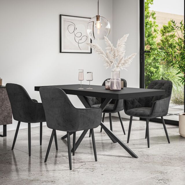 Donni Dining Table And Chairs - Black Table Top w Black Legs + Anika ...