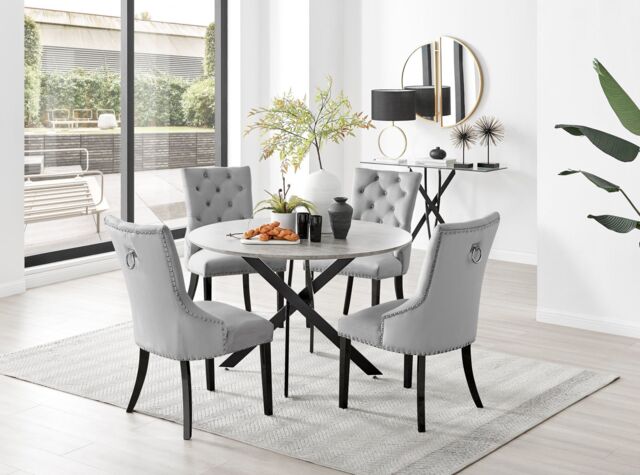 Novara Grey Concrete Effect Black Leg 120cm Round Dining Table & 4 Belgravia Black Leg Chairs by ...