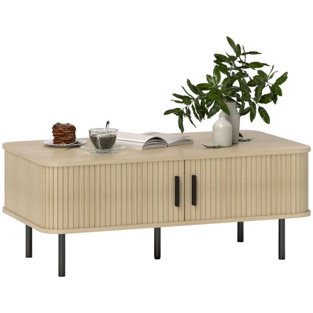 Coffee Table with Storage and Sliding Doors for Living Room, Oak by