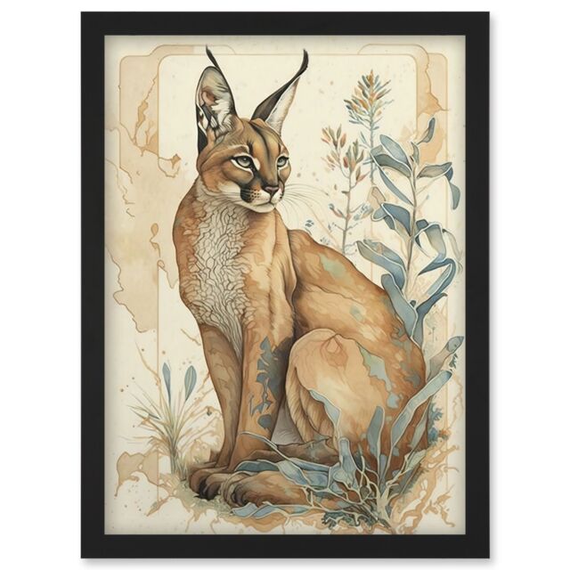 Artery8 Caracal Cat with Teal Plants Modern Pastel Watercolour