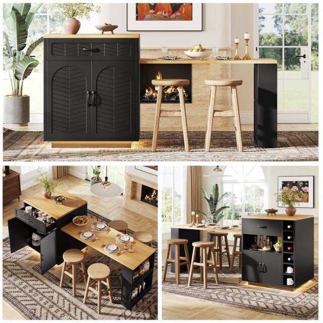 BTM Extendable Kitchen Island with Dining Table Storage Cabinet in ...