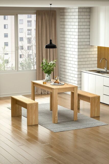 3Pcs Wooden Dining Room Table and Benches Dining Set Furniture Dining ...