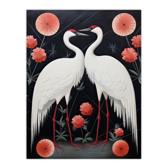 Artery8 Wall Art Print Japanese Crane Dance Stylised Oil Painting Pink ...