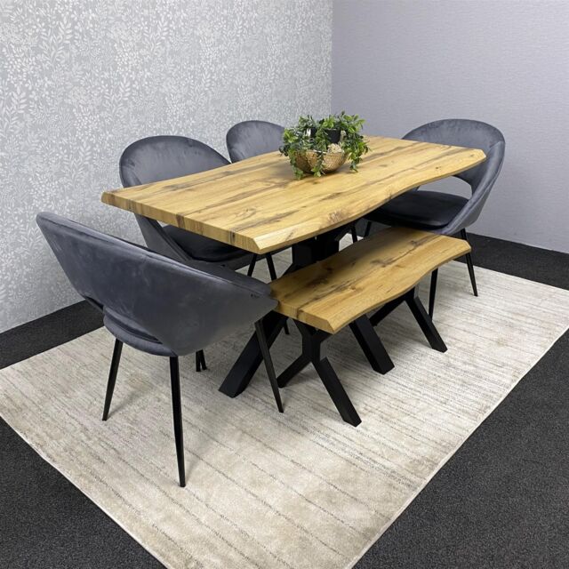 Wooden Brown Dining Table with Stylish Bench and 4 Grey Velvet Chairs ...