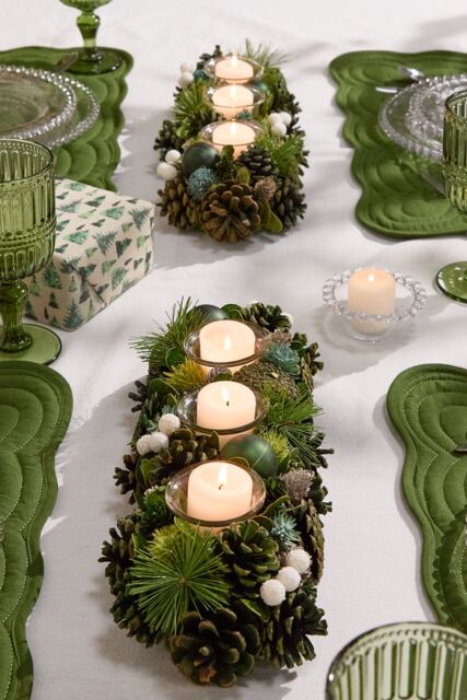 Dibor Set of 2 Woodland Green Triple Table Centrepiece Christmas ...