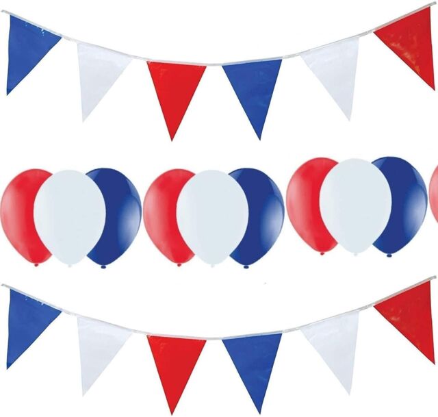 Red White Blue 10m Triangle Bunting Banner Pennant Flag And 25pcs Latex ...
