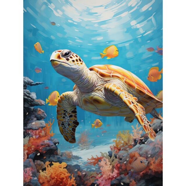 Artery8 Wall Art Print Loggerhead Sea Turtle in Coral Reef Bright ...