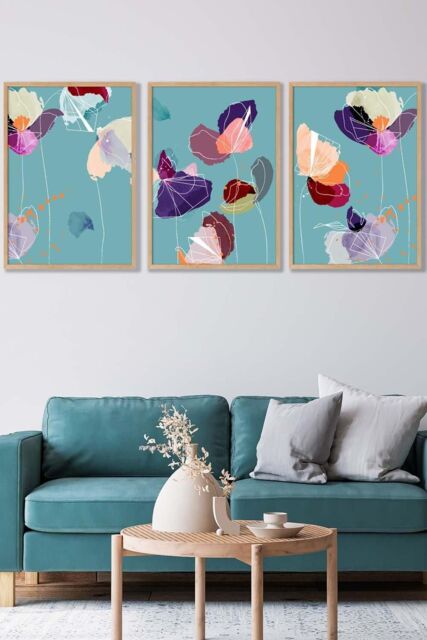 Set of 3 Oak Framed Graphical Colourful Spring Flowers Triptych Wall ...