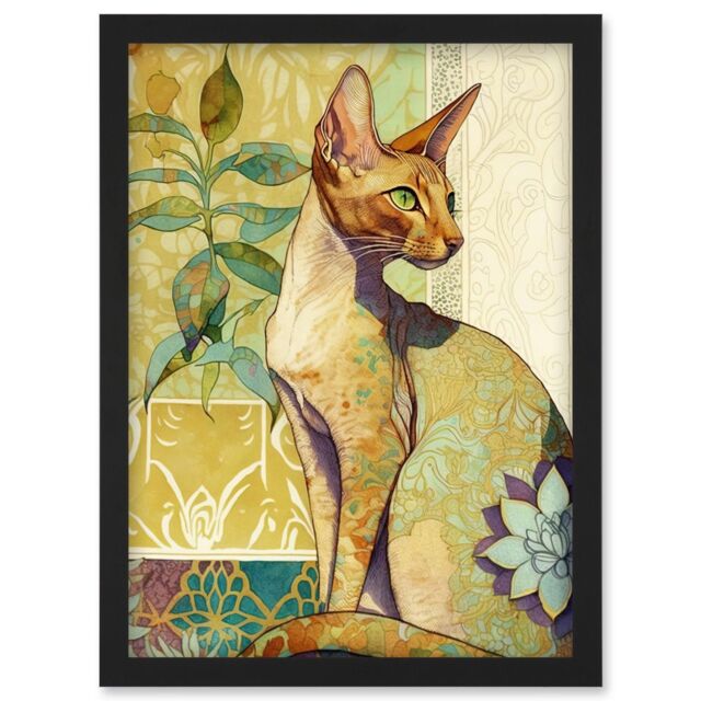 Artery8 Quadro Con Stampa D'Arte Moderna – Gatto Sphynx Con Tatuaggio Floreale E Fiori Colorati, Illustrazione Ad Acquerello, Cornice A4 (23,4x32,3 Cm)