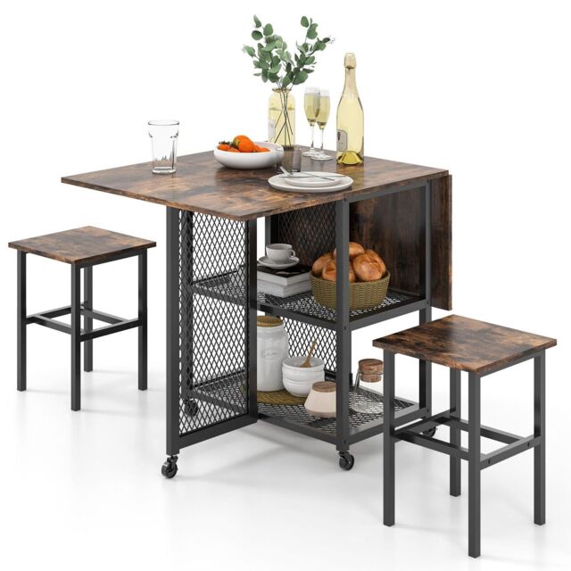 3-Piece Foldable Dining Table Set Drop Leaf Expandable Dining Table & 2 Stools by Debenhams ...