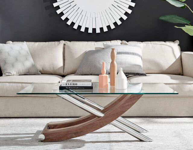 Mayfair Rectangular Glass Top Coffee Table with Shiny Stainless Curved ...