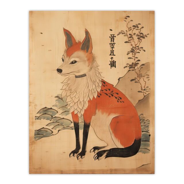 Wall Art Print Edo Period Kitsune Red Fox Portrait Simple Japanese ...