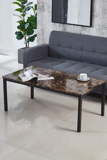 Gloss Finish MDF Marble Effect Top Coffee Table With Solid Metal Frame ...