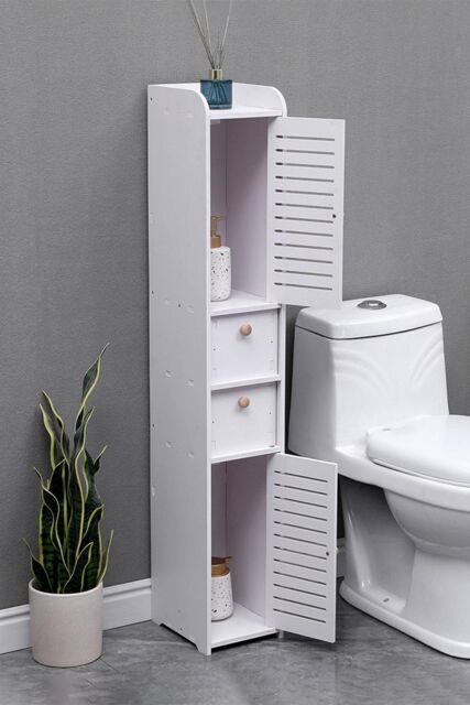 White Wooden Tall Bathroom Freestanding Storage Cabinet by Debenhams ...