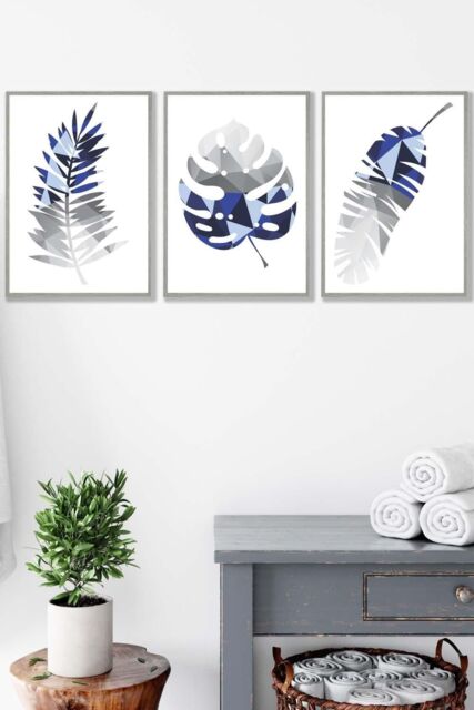 ARTZE Geometric Tropical Leaves In Navy Blue Grey Framed Wall Art ...
