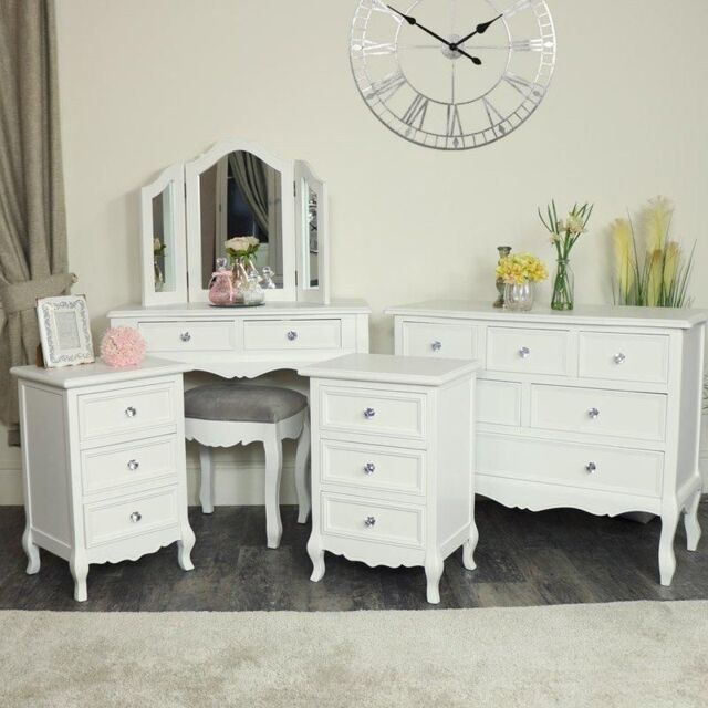 White Bedroom Furniture Large Chest Of Drawers, Dressing Table Set ...