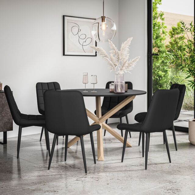 Malvern Round Dining Table And Chairs - Black Table Top w Solid Oak Legs + Nova Faux Leather ...