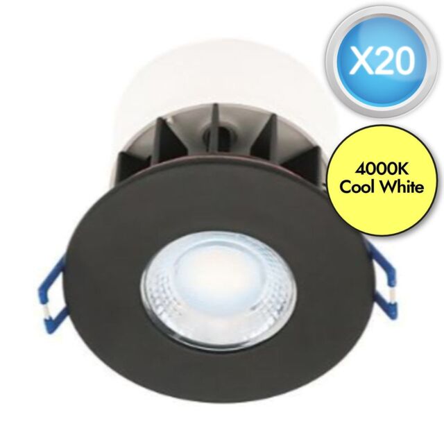 Set of 20 Fire Rated LED Bathroom Downlights - Matt Black IP65 Recessed ...