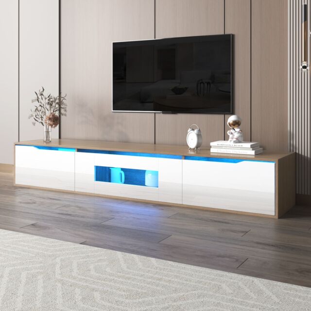 Floating Modern High Gloss TV Unit with Wood Top and LED Lights by ...