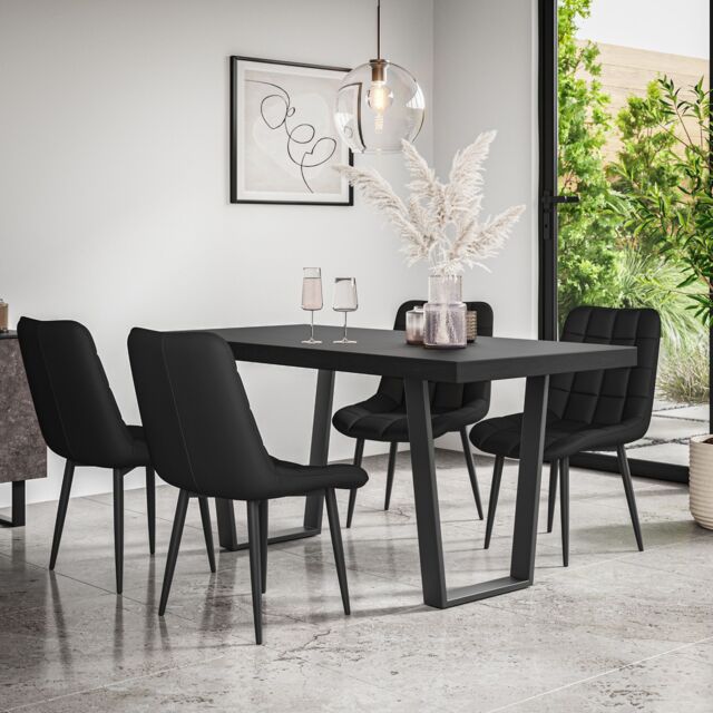 Aria Dining Table And Chairs - Black Table Top w Black Legs + Nova Faux Leather Dining Chair Set ...