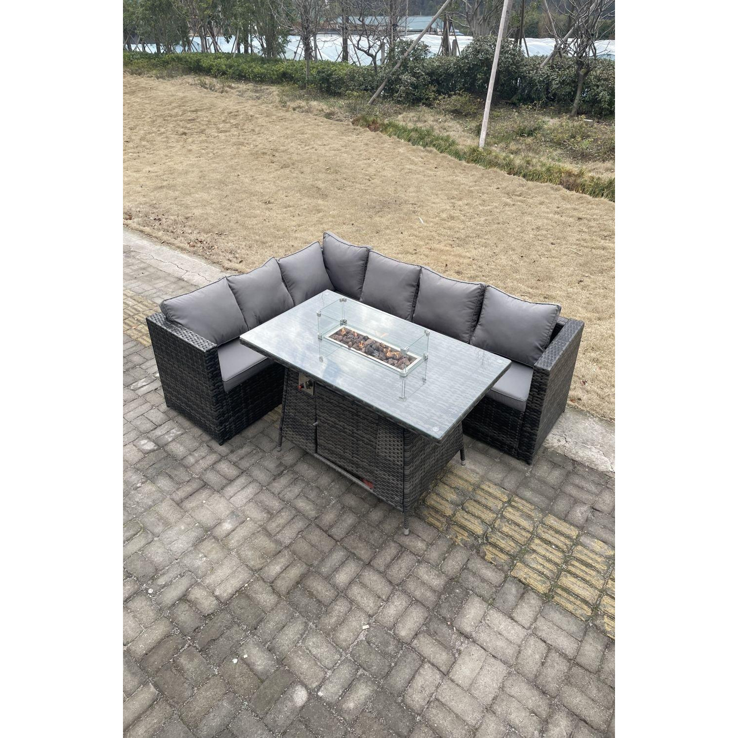 6 Seater Outdoor Rattan Garden Corner Sofa Furniture Gas Fire Pit Table