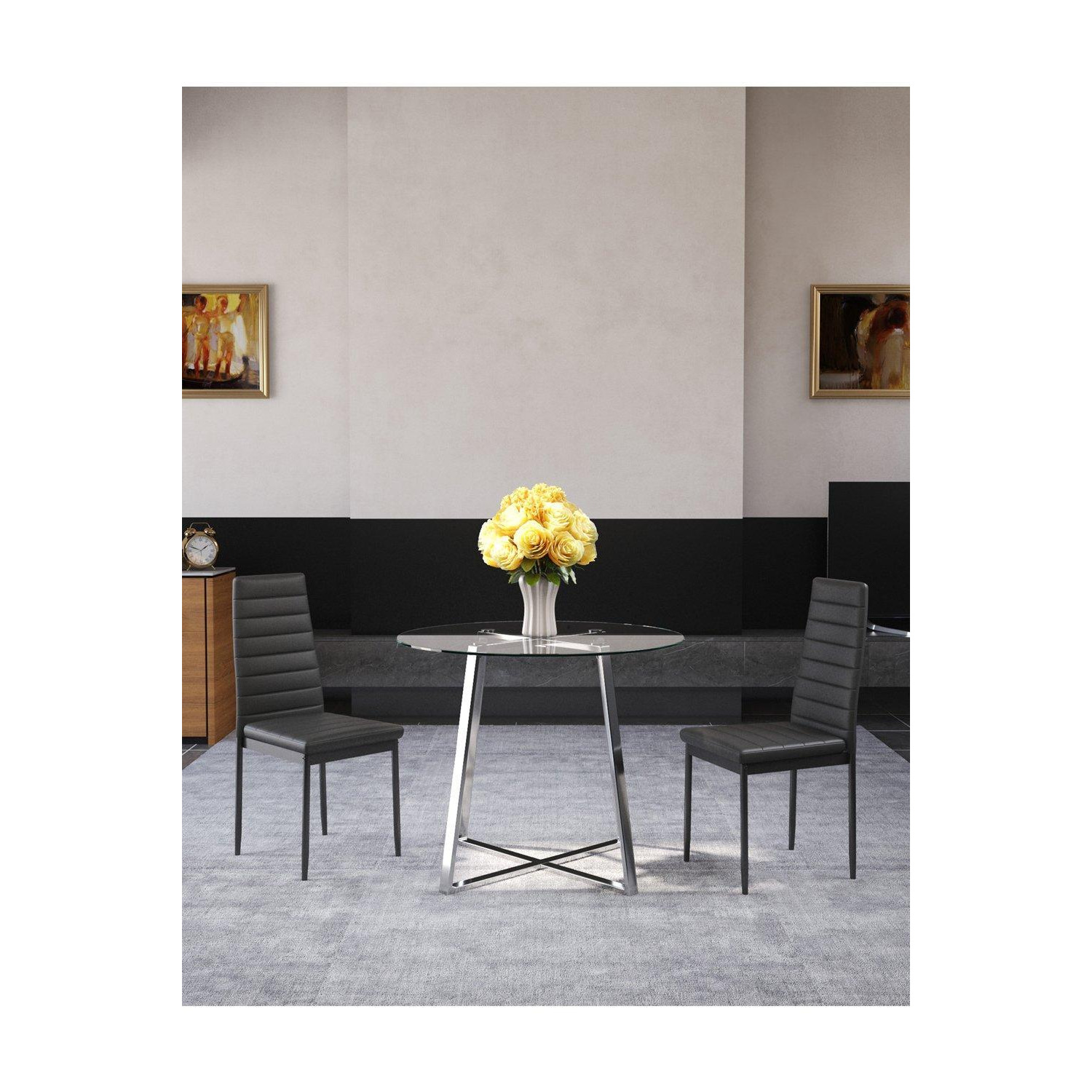 3Piece Dining Table Set of Modern Faux Leather Dining Chairs and