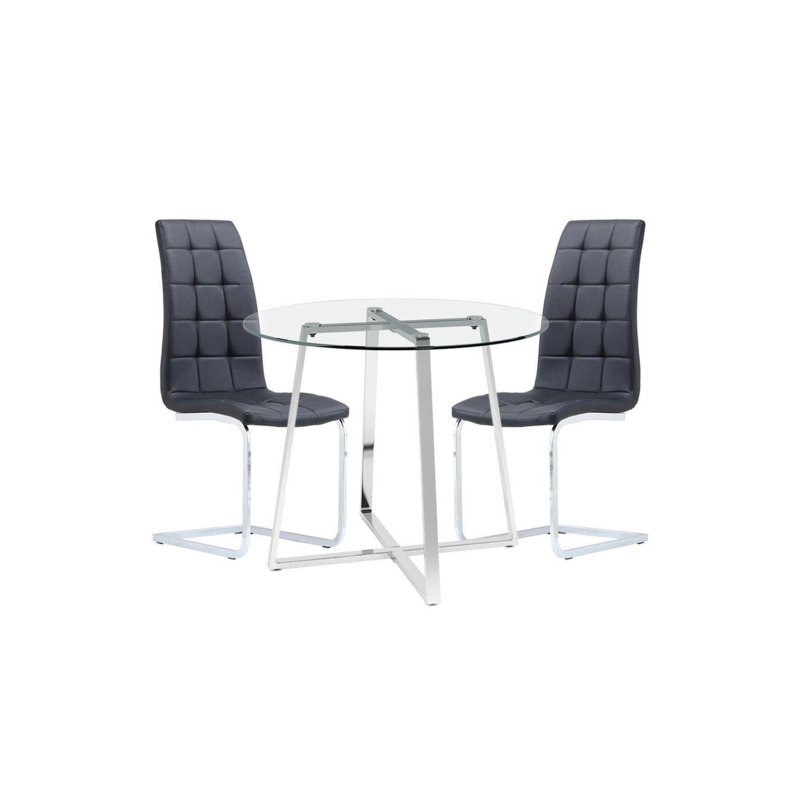 3Piece Dining Table Set of Leather Dining Chairs and Tempered Glass