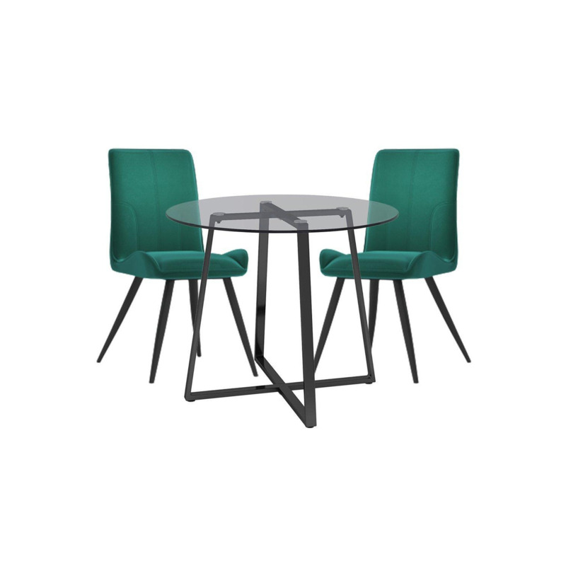 3Piece Dining Table Set of Modern Velvet Dining Chairs and Tempered