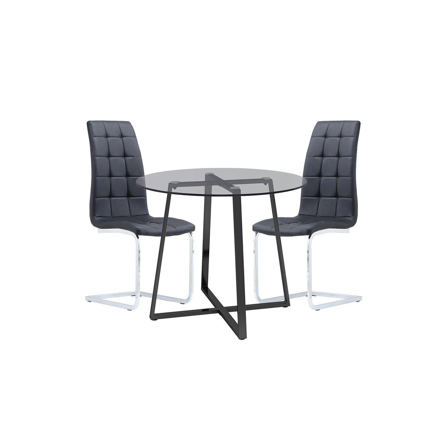 3-Piece Dining Table Set of Leather Dining Chairs and Tempered Glass ...