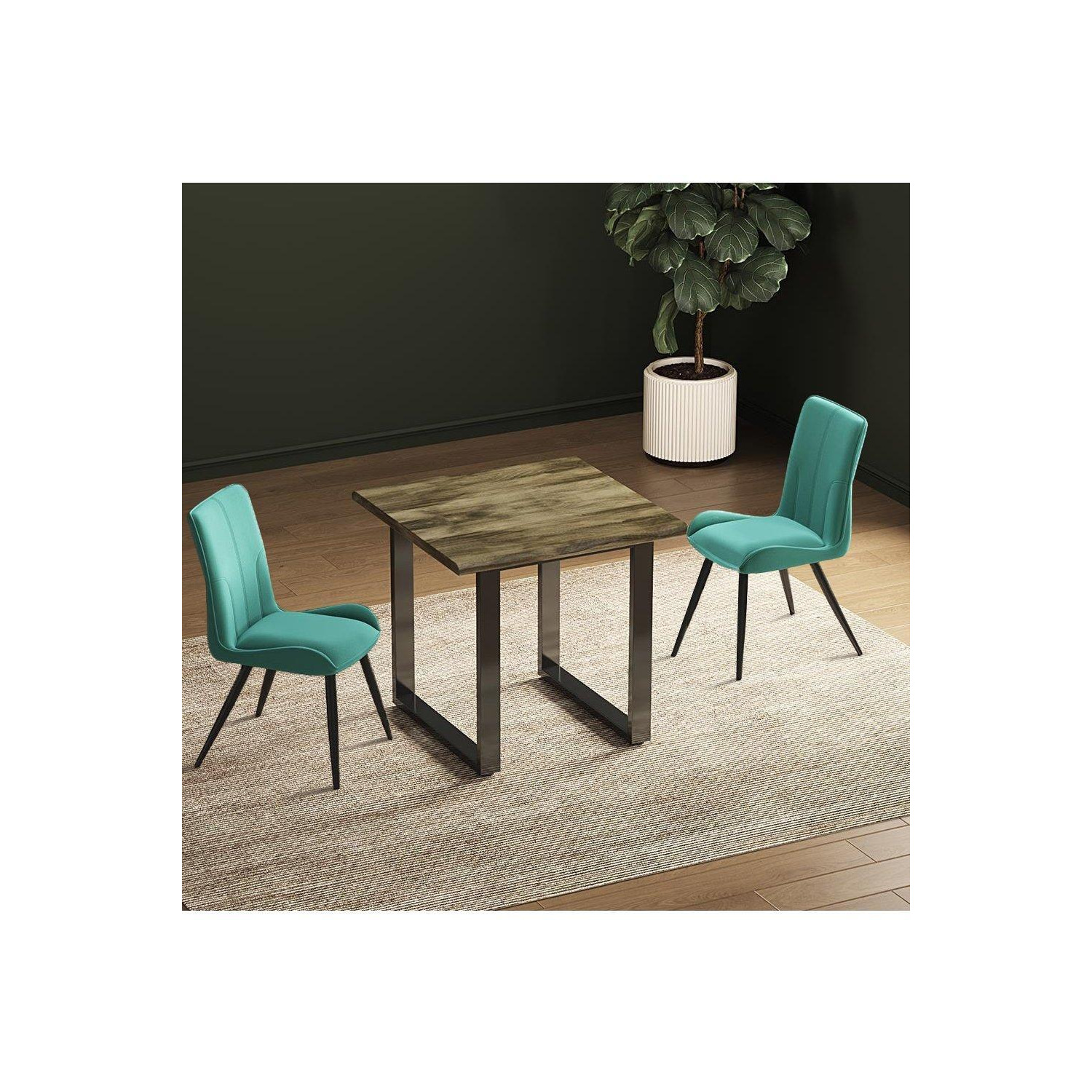 3Piece Dining Table Set of Tufted Velvet Dining Chairs and Solid Wood