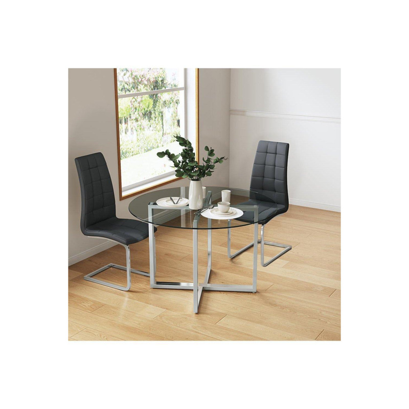 3Piece Dining Table Set of Leather Upholstered Chairs and Tempered